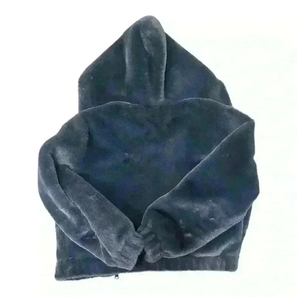 Avec Les Filles Navy Faux Fur Zip-Up Bomber Jacket with Hood, Size XS - Picture 7 of 7